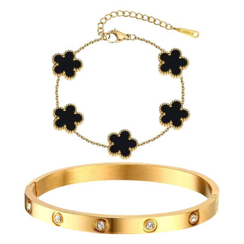 Gold Black Clover Bracelet and Bangle Set Bracelet waterproof tarnish-free jewellery - Binky Belle