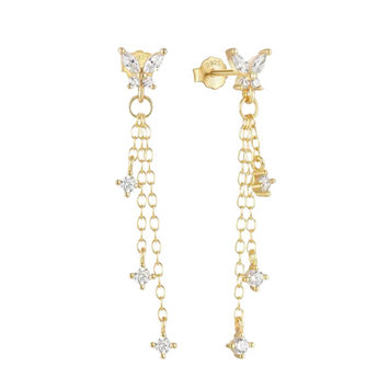 Gold Butterfly Long Chain Studs Earrings waterproof tarnish-free jewellery - Binky Belle