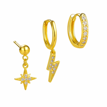 Gold Lightning Bolt and Star Stud and Huggie Trio Earrings waterproof tarnish-free jewellery - Binky Belle
