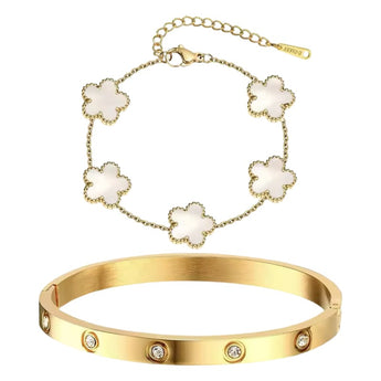 Gold Marble Clover Bracelet and Bangle Set Bracelet waterproof tarnish-free jewellery - Binky Belle