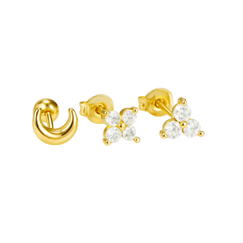 Gold Moon and Clover Trio Set Earrings waterproof tarnish-free jewellery - Binky Belle
