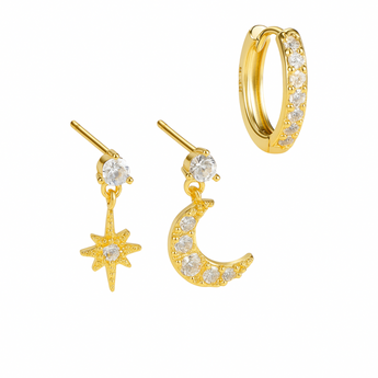 Gold Moon and Star Studs and Hoops Earrings waterproof tarnish-free jewellery - Binky Belle