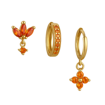 Gold Orange Trio Clover Huggie Set waterproof tarnish-free jewellery - Binky Belle