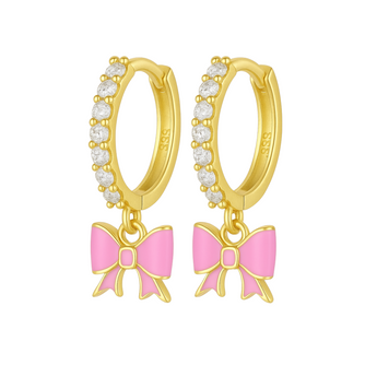 Gold Pink Bow Huggies Earrings waterproof tarnish-free jewellery - Binky Belle