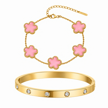A gold-tone jewelry set featuring a five-flower bracelet with pink enamel centers and a matching slim bangle with clear rhinestones, shown on a plain white background.