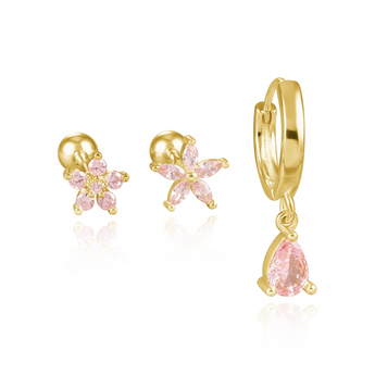 Gold Pink Teardrop Stud and Huggie Trio Earrings waterproof tarnish-free jewellery - Binky Belle