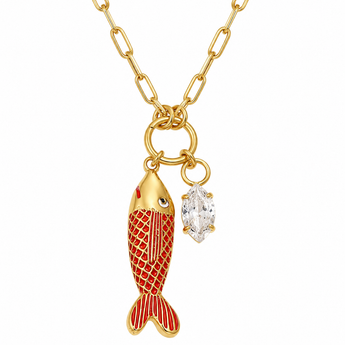 Gold necklace with a red fish charm and diamond pendant on a white background