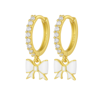 Gold White Bow Huggies Earrings waterproof tarnish-free jewellery - Binky Belle