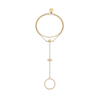 Gold necklace with star and circle pendants on a white background