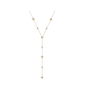 Gold necklace with star-shaped pendants on a white background