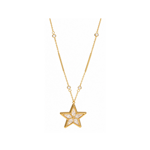 A gold star-shaped pendant necklace with clear rhinestones, suspended from a delicate gold chain with small rhinestone accents, shown on a plain white background.