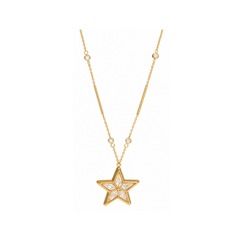 A gold star-shaped pendant necklace with clear rhinestones, suspended from a delicate gold chain with small rhinestone accents, shown on a plain white background.