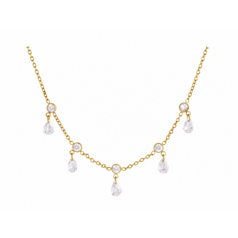 A gold chain necklace featuring five clear teardrop-shaped gemstones and four round clear gemstones, displayed against a solid white background.