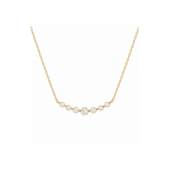 A delicate yellow gold chain necklace featuring a curved bar with five small, bezel-set clear round gemstones, displayed against a solid white background.