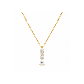 A yellow gold necklace with a delicate chain and a pendant featuring a pear-cut clear gemstone below a small vertical bar of clear stones, shown on a plain white background.