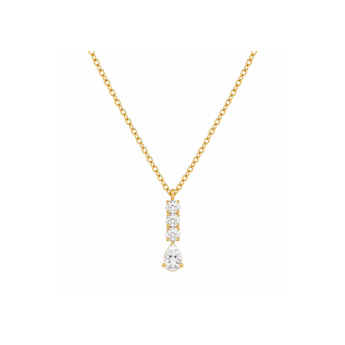 A yellow gold necklace with a delicate chain and a pendant featuring a pear-cut clear gemstone below a small vertical bar of clear stones, shown on a plain white background.