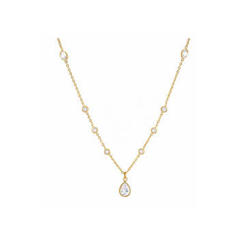 A delicate yellow gold necklace featuring a fine chain with small round bezel-set clear stones leading to a teardrop-shaped pendant, shown on a plain white background.