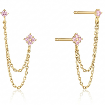 Gold chain earrings with pink gemstones on a white background