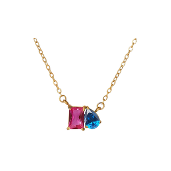 Gold necklace with two colorful gemstones on a white background