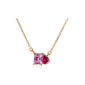 Gold necklace with two pink gemstones on a white background