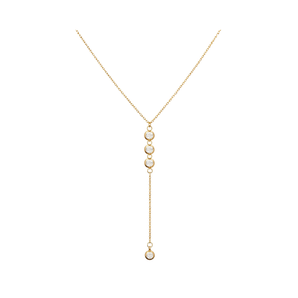 Gold necklace with pearl drops on a white background