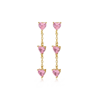 Gold stud earrings with 3 hanging pink crystal hearts placed on a white background