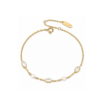 A delicate gold chain bracelet featuring three marquise-cut clear crystals and three small white pearls spaced along the chain, displayed on a clean white background.
