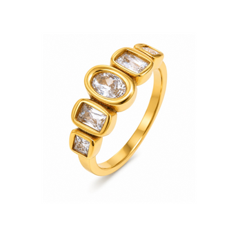 A gold ring featuring a row of clear gemstones in oval, rectangular, and square settings, shown on a plain white background.