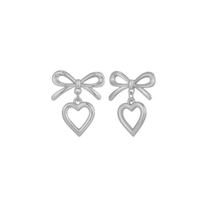 Silver Heart Outline Bow Studs