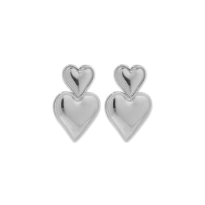 All Silver Double Heart Studs