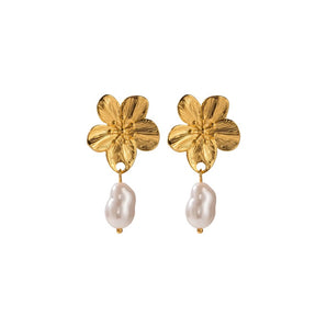 Gold Huge Flower and Pearl Studs