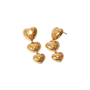 Gold Triple Crystal Heart Studs