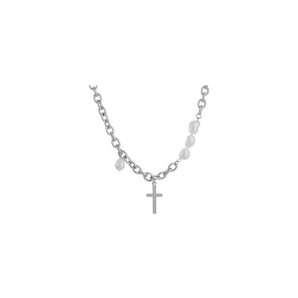 Silver Pearl and Cross Necklace