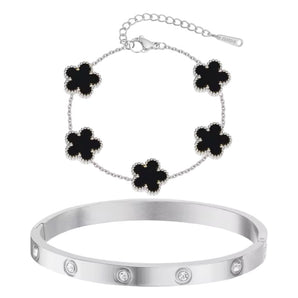 Silver Black Flower Bracelet and Bangle Set