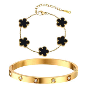 Gold Black Flower Bracelet and Bangle Set