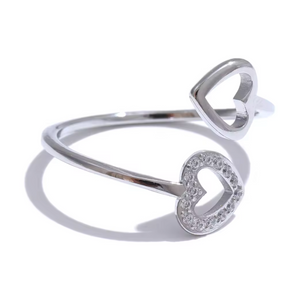 Silver Double Heart Adjustable Ring