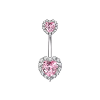 Belly button ring with pink heart-shaped gemstones on a white background