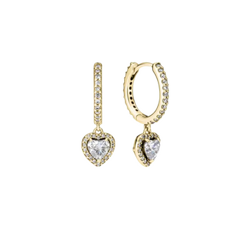 Gold hoop earrings with heart-shaped diamond pendants on a white background