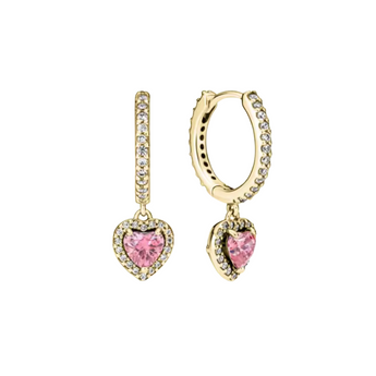 Gold heart-shaped earrings with pink gemstones on a white background