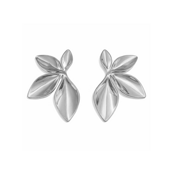 Pair of silver leaf-shaped earrings on a white background
