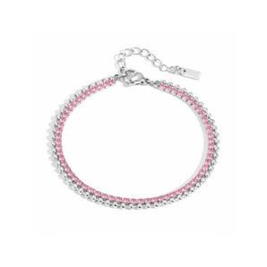 Silver bracelet with pink beads on a white background