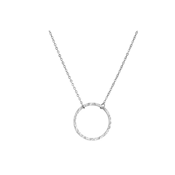 Silver necklace with a circular pendant on a white background
