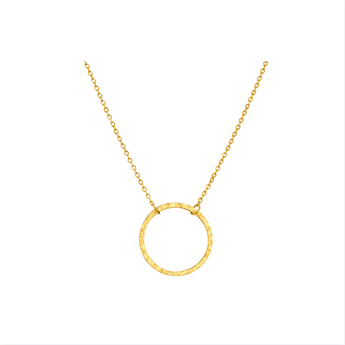 Gold necklace with a circular pendant on a white background