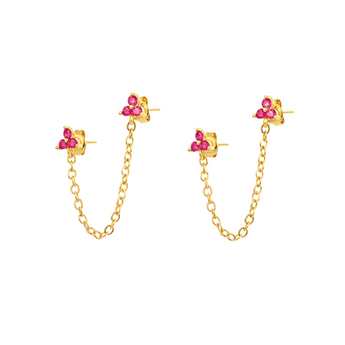 Gold chain earrings with pink clover diamonds embellished in them placed on a white back ground