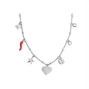Necklace with various charms including a heart, star, and red element on a white background