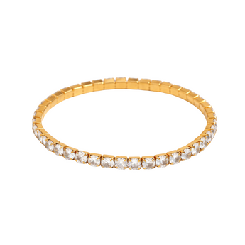 Gold bracelet with clear stones on a white background