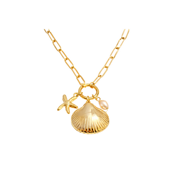 Gold necklace with shell, starfish, and pearl pendant on a white background