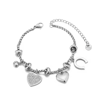 Silver bracelet with heart-shaped charms on a white background