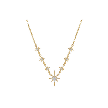 Gold necklace with star-shaped pendants on a white background