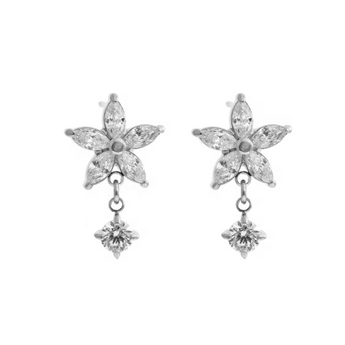 Pair of silver flower-shaped earrings with dangling elements on a white background